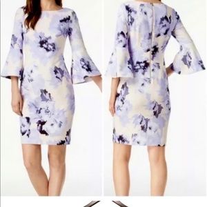 Calvin Klein size 4 purple cream lavender floral bell sleeve dress
